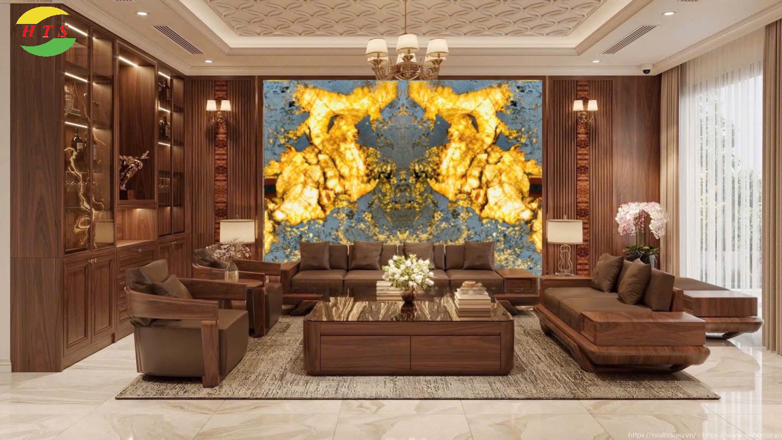 Đá Onyx xuyên sáng tự nhiên lắp đặt tại biệt thự cao cấp